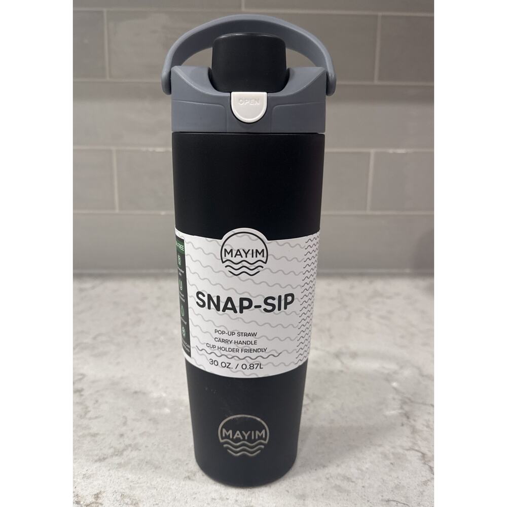 Mayim SNAP SIP 30oz Steel Tumbler Lid Lock Pop-up Straw Handle Black & Gray NEW